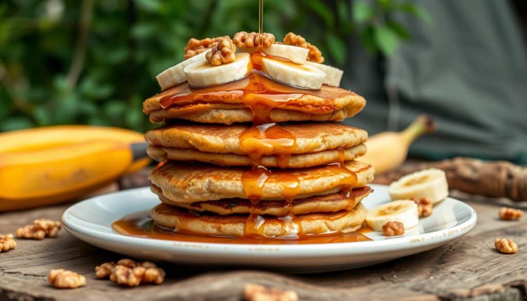 Banana bread pancakes with syrup and bananas outdoors.