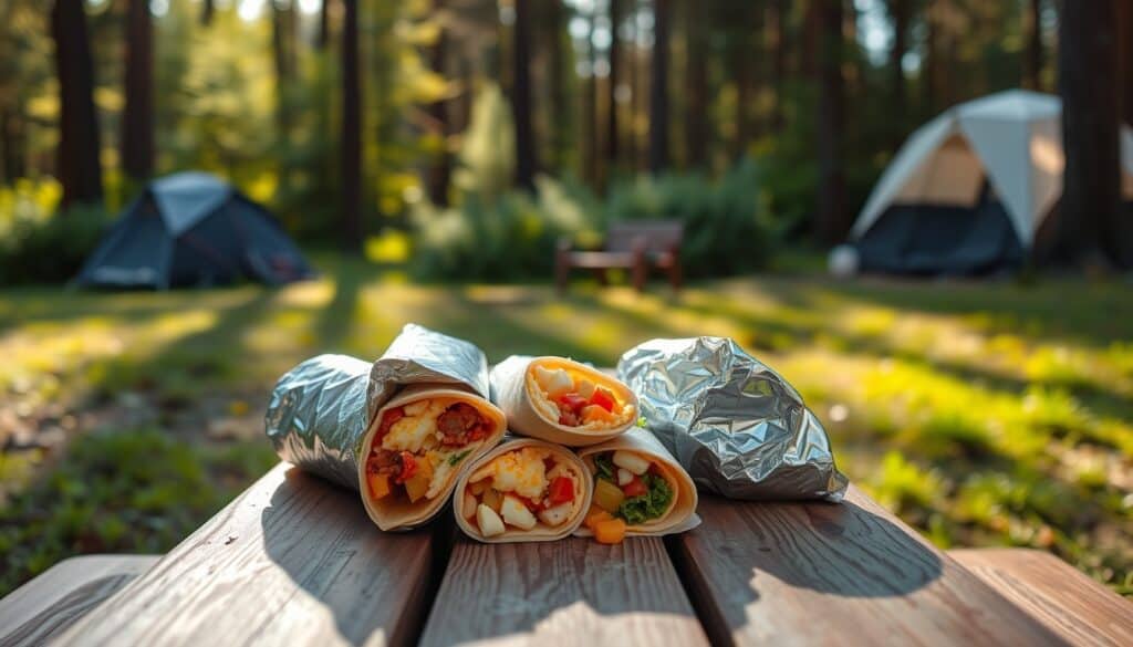 Breakfast burritos on a picnic table in nature.