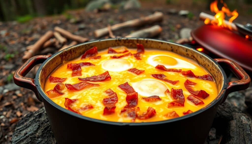 Dutch oven with cheesy bacon and eggs outdoors.