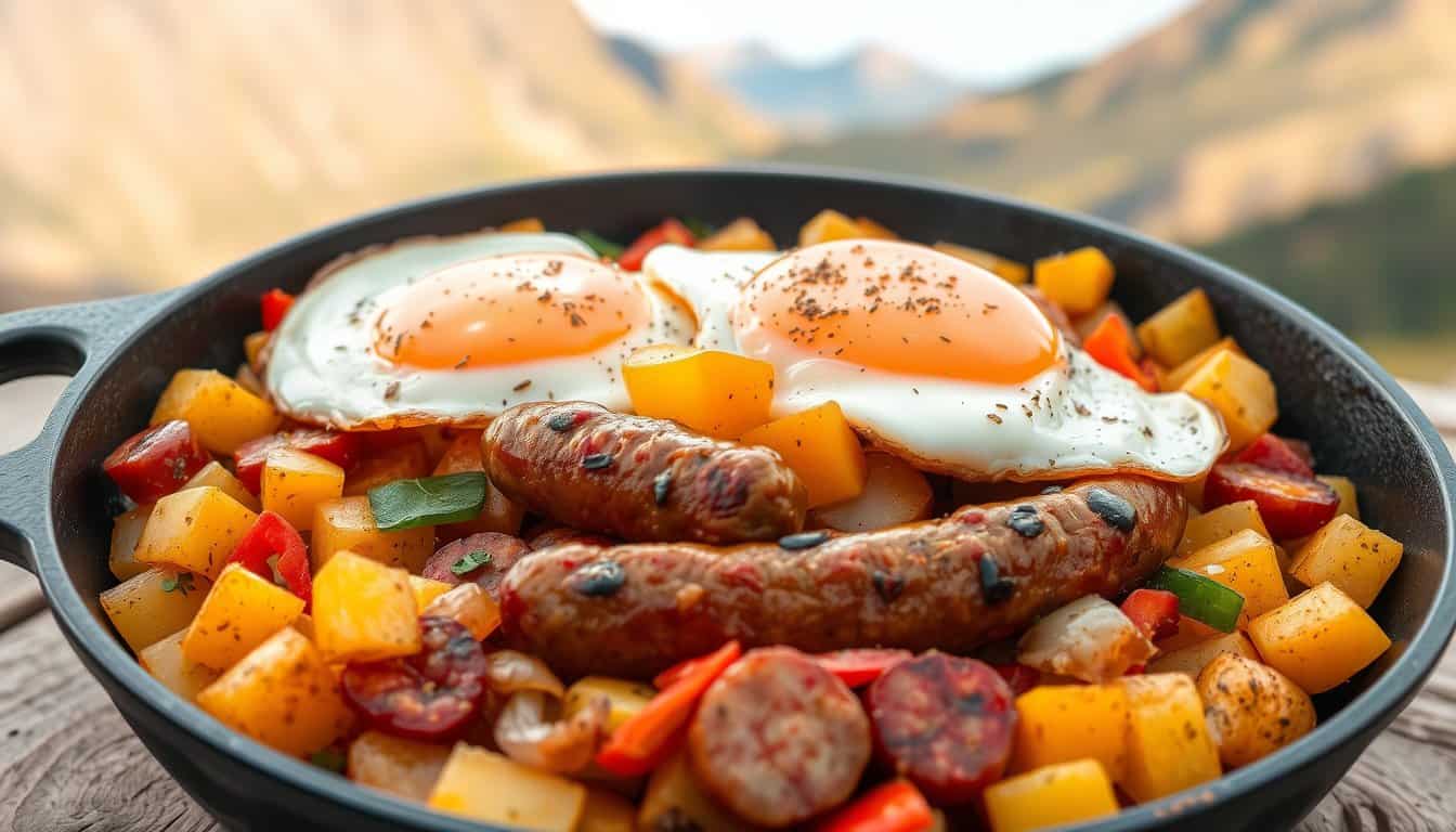 Mountain Breakfast Skillet with eggs, sausage, and veggies.