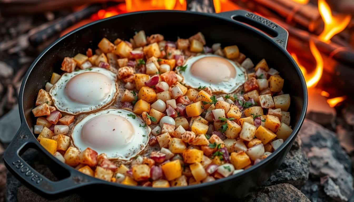 Delicious campfire hash in a skillet outdoors.