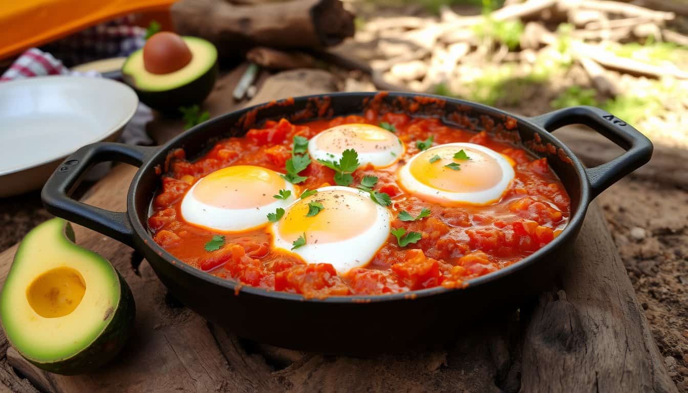 Salsa Shakshuka with poached eggs and avocado slices.