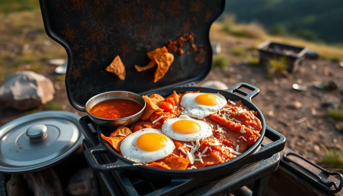 Camp stove chilaquiles with eggs and cheese outdoors.