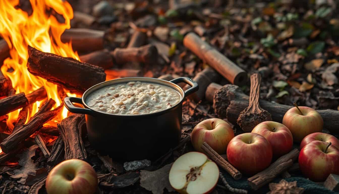 Campfire oatmeal with apples and spices in nature.
