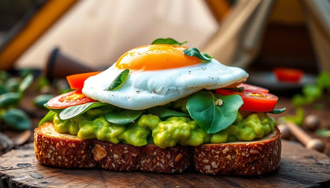 Avocado toast sandwich with fried egg and fresh veggies.