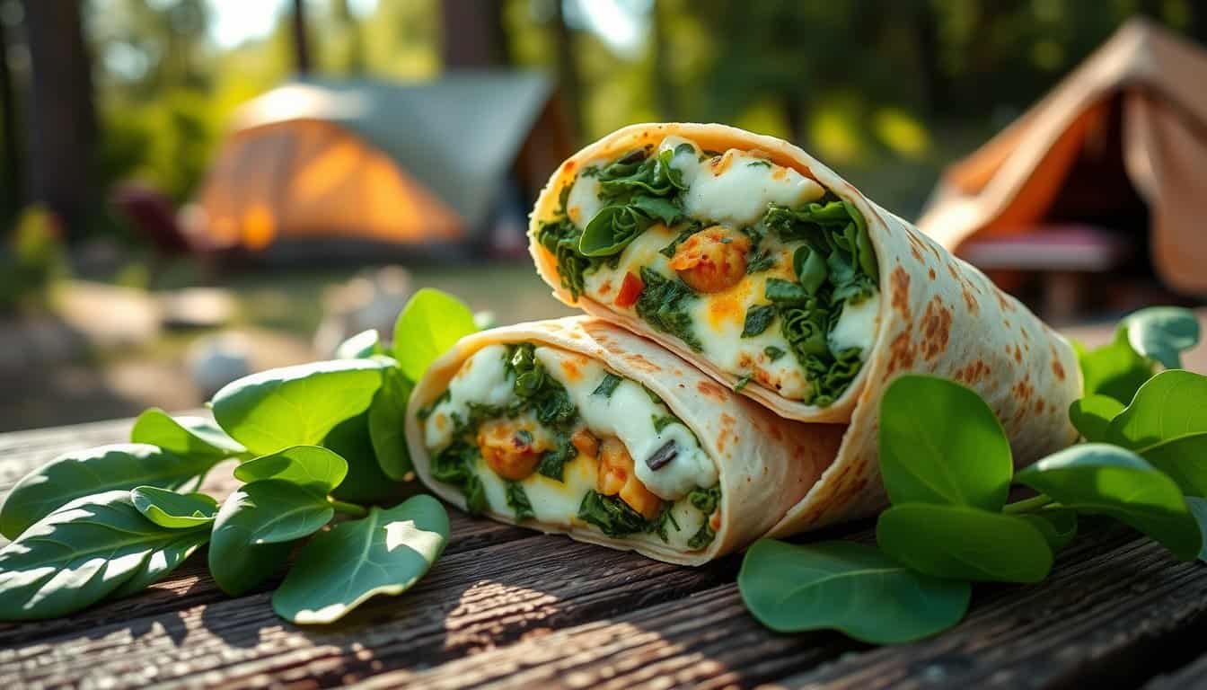 Egg and spinach breakfast burrito on a wooden table.