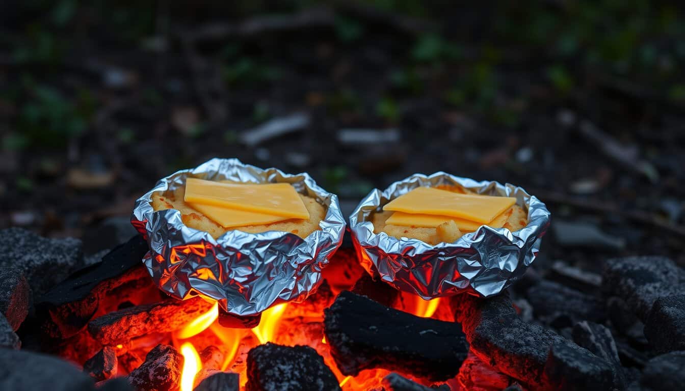 Cheese and hash browns in foil over a campfire.