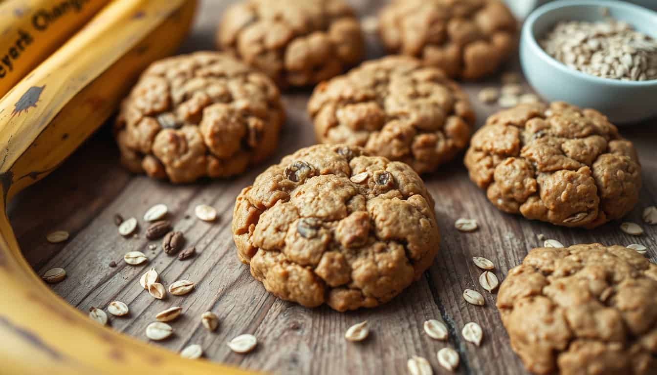 Banana oat breakfast cookies on a wooden table.