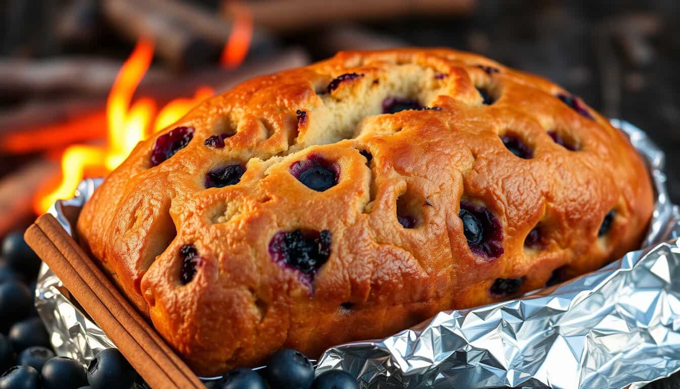 Blueberry-cinnamon campfire bread with blueberries and cinnamon sticks.