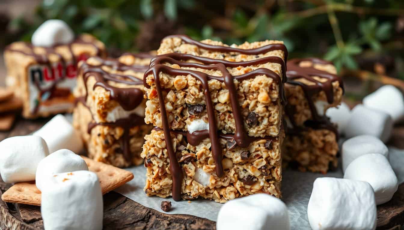 Nutella s'mores granola bars with chocolate and marshmallows.