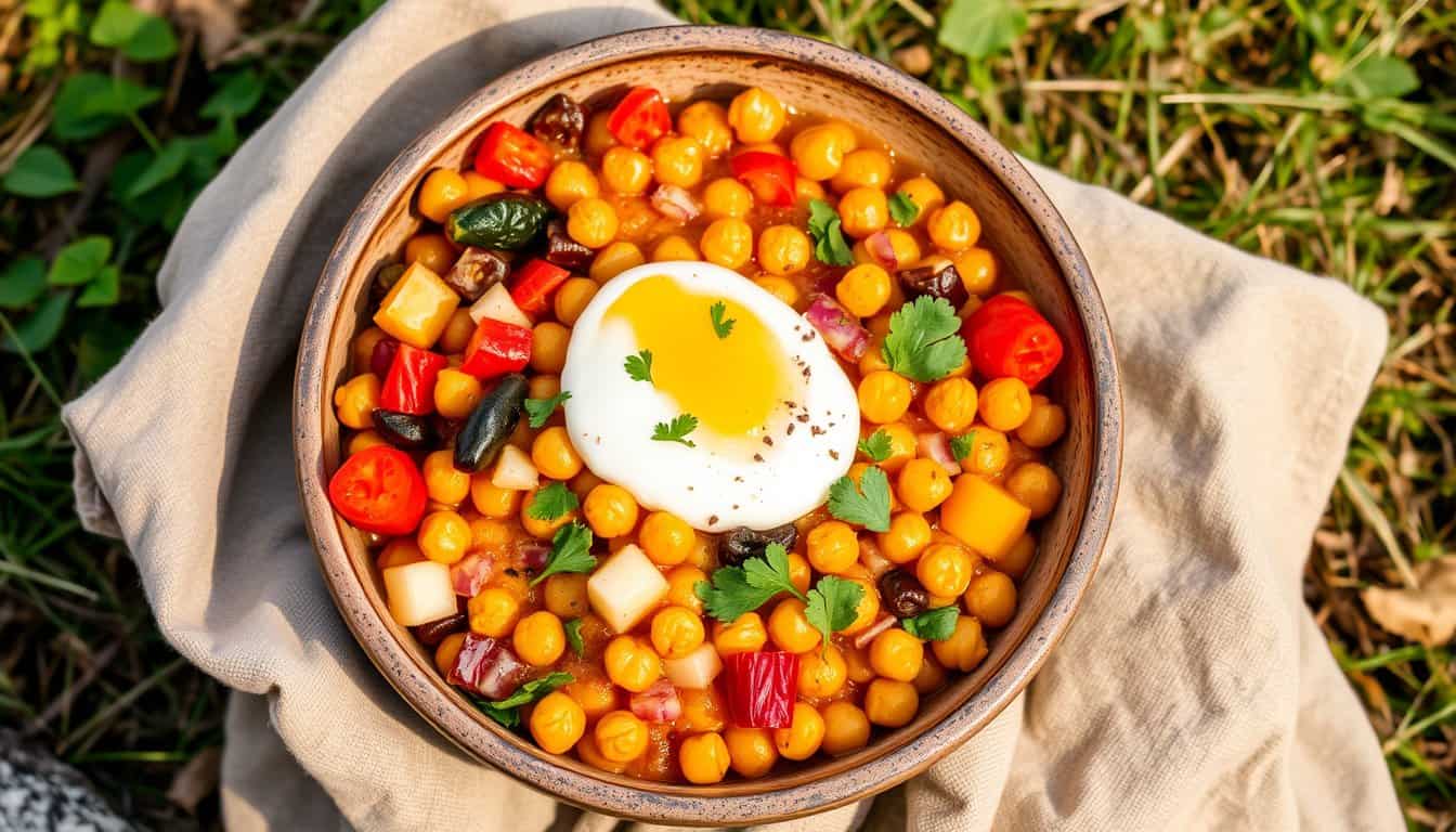 Chickpea hash with summer veggies in a rustic bowl.