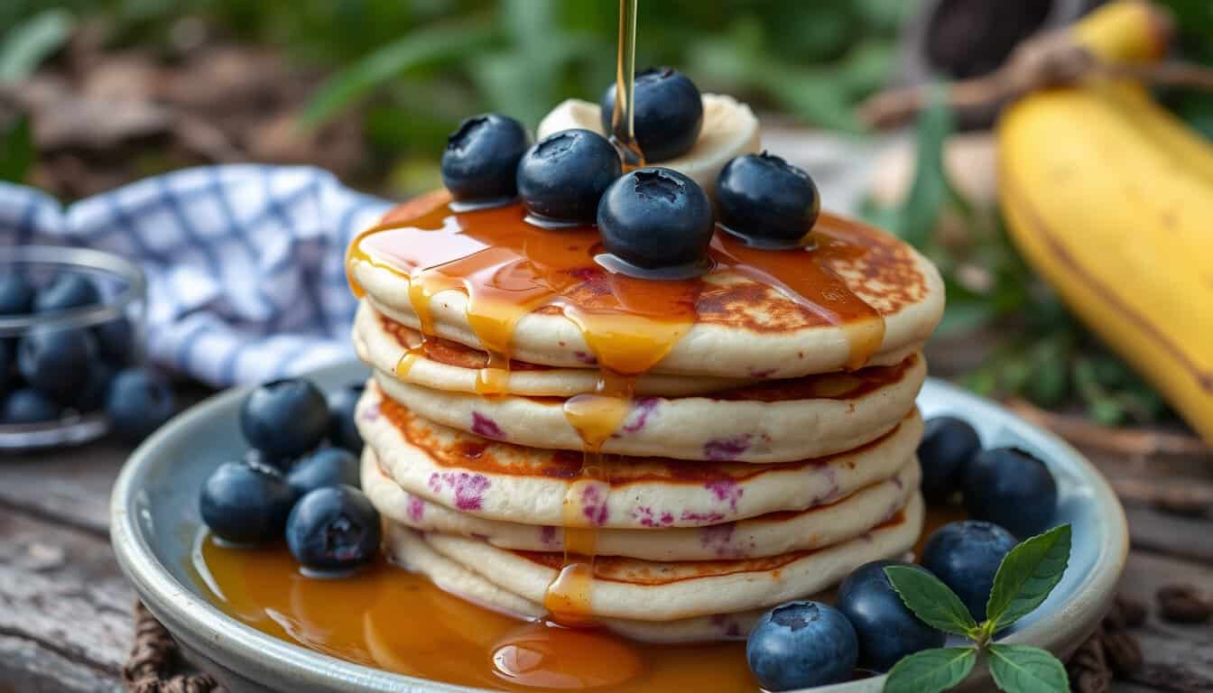 Blueberry banana pancakes with syrup in a camping setting.