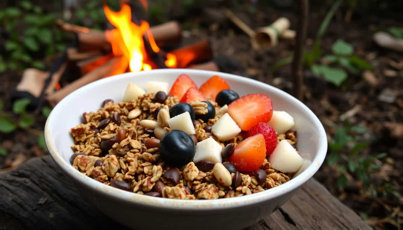 Coconut Chocolate Granola with fruits in a camping setting.