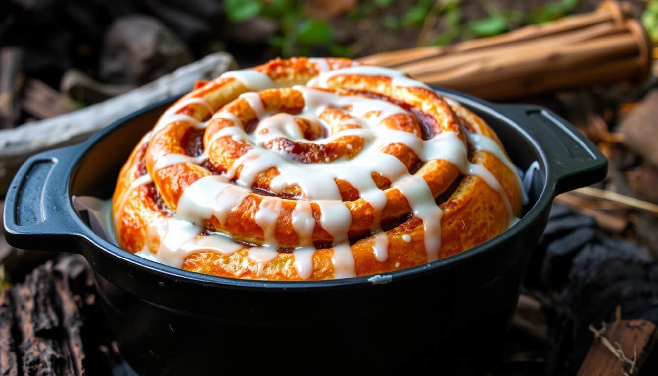 Dutch oven cinnamon rolls in a camping setting.