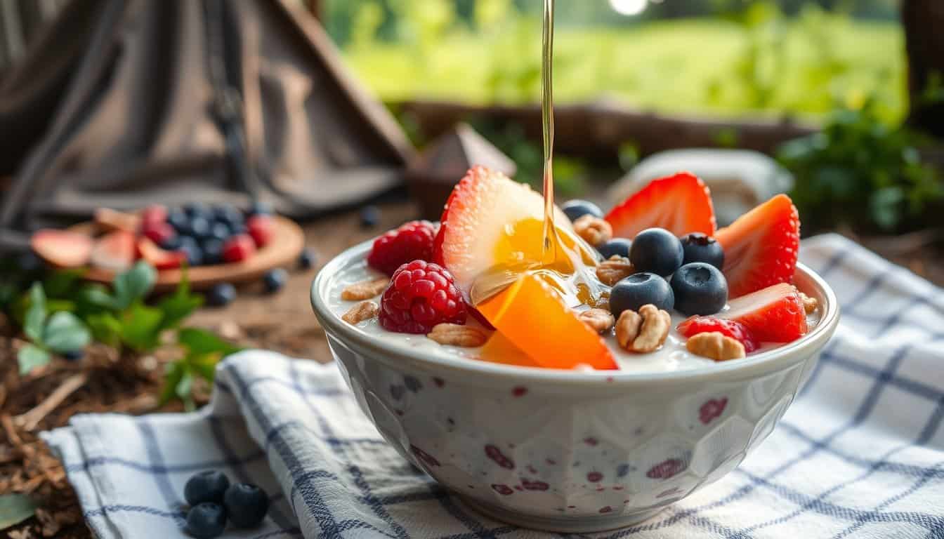 Overnight oats with fruits and nuts in a camping setting.