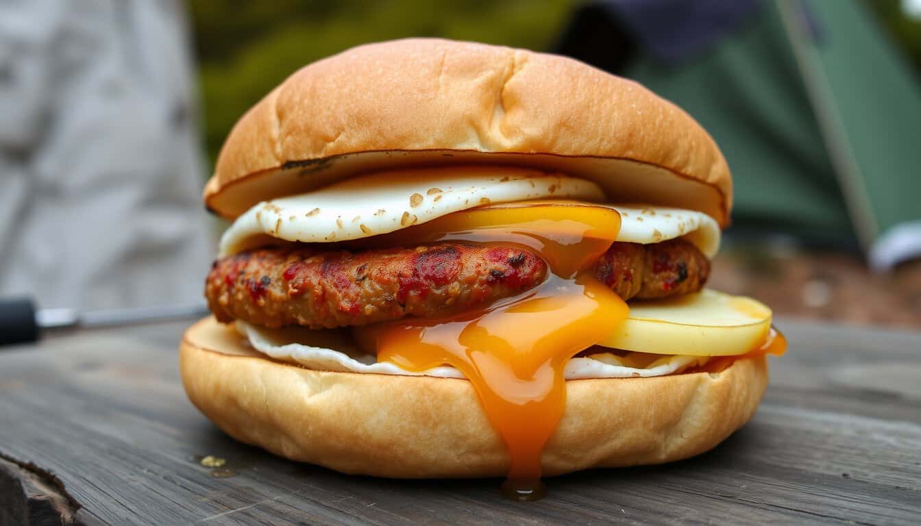 Apple maple sausage breakfast sandwich with egg and apple slices.