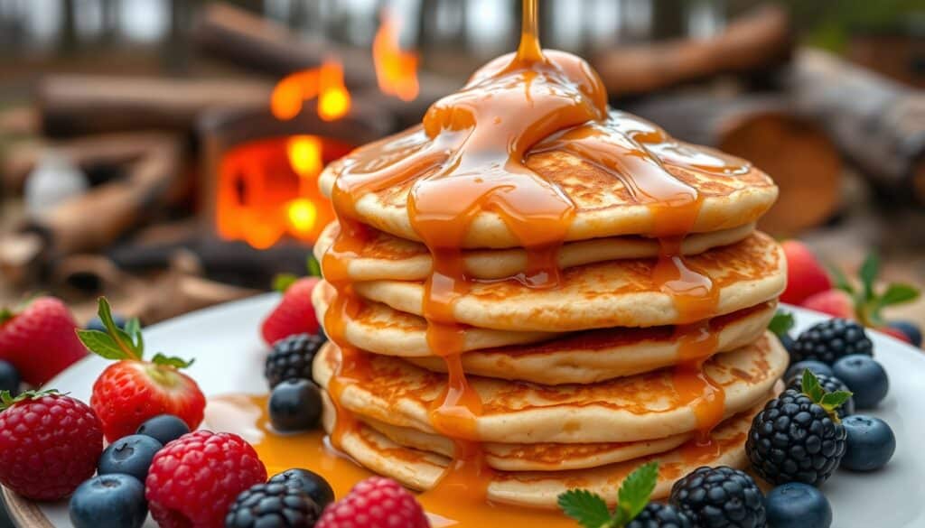 Campfire pancakes with peanut maple syrup and berries.