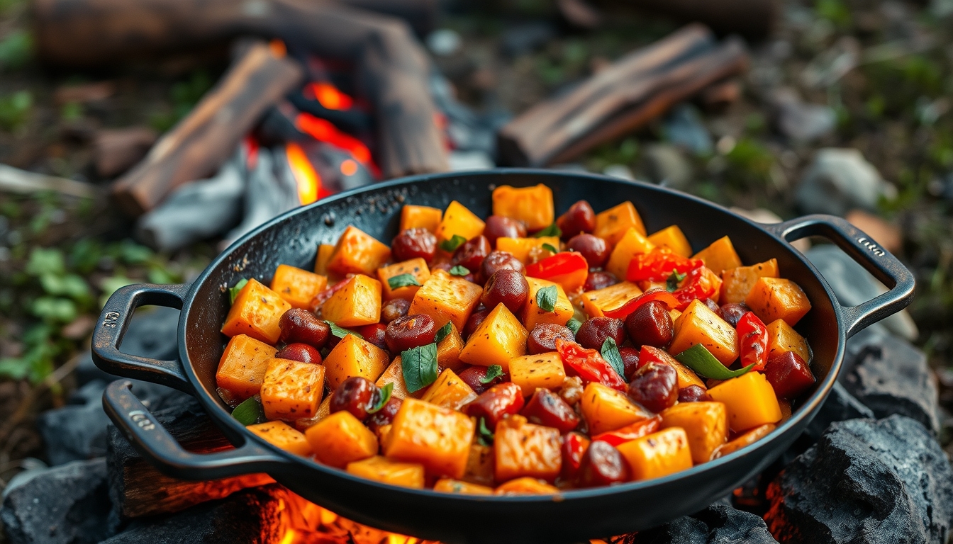 Chorizo and sweet potato hash in a skillet outdoors.