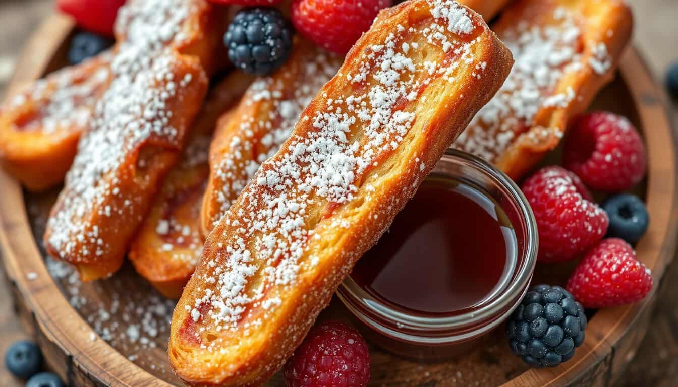 Delicious French toast sticks with syrup and berries.