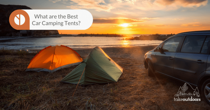 Photo of two tents and a car with a sunset view